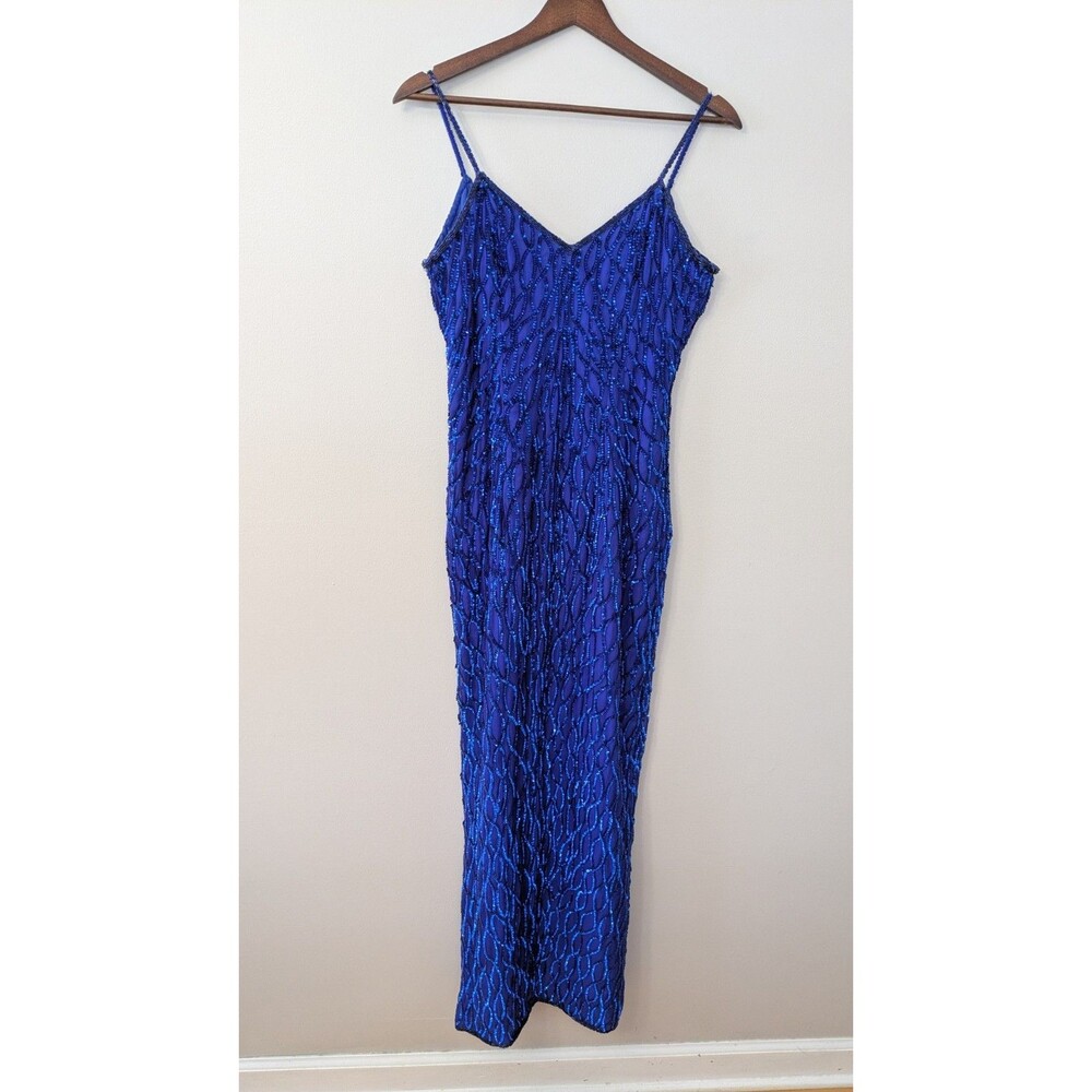 Vintage Lawrence Kazar Silk Sequin Evening Slip Dress M Blue 90s Glam FLAWS